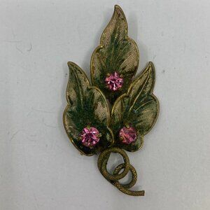 Vtg CZECHO ? brass enamel pink rhinestone brooch